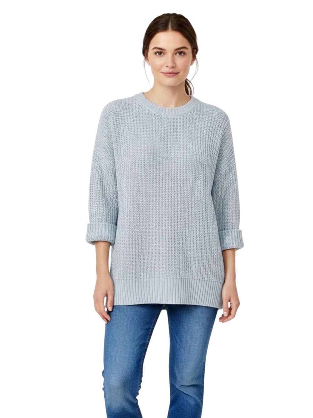Theory Hesterly Calming Linen Cotton Chunky Knit Sweater Light Blue 3/4 Sleeve